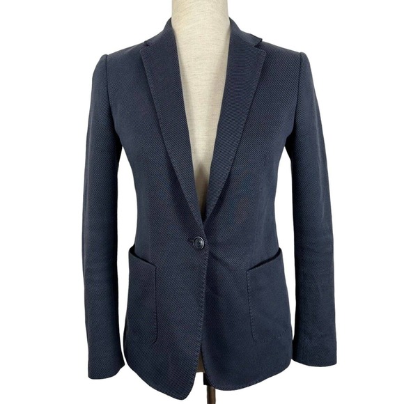 Massimo Dutton Jacket Women Size 4 Blue One Button Tweed Twill Blazer Pockets - Picture 1 of 11